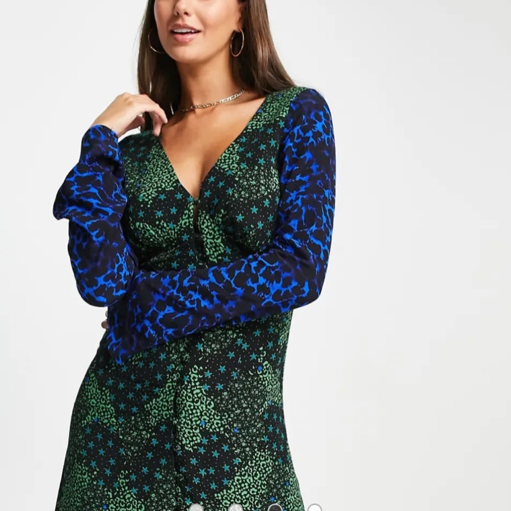 TOPSHOP Tall Animal & Star Print V Neck Midi Dress Green\Blue Viscose Size 10 - Picture 2 of 10